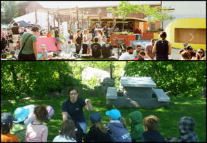 Deux photos : des gens entre 20 et 30 ans fêtent au soleil sur Le SPOT ; une jeune femme anime une visite guidée pour une dizaine de petits enfants sur du gazon très vert et de la forêt derrière.