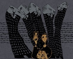 Dessin officiel du film : cinq grattes-ciels forment cinq monsieurs oppressants au-dessus d'une petite famille (parents et deux enfants). Fils barbelés derrière le tout.