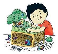 Dessin d'un garçon, la langue sortie, qui bricole une forêt de sapins et de figurines.  Il regarde en même temps un livre affichant des animaux, fossiles, etc..