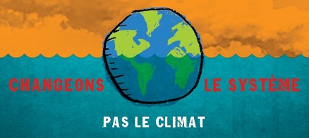 Partie centrale de la bannière 2019 : « Changeons le système, pas le climat ». Dessin comique ou enfantin de la Terre, sur fond de nuages couleur orange et le bas comme de l'eau couleur turquoise.