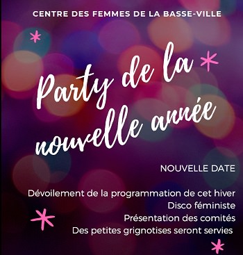 Affichette sur fond de bulles floues mauve et violet. « Party de la nouvelle année ». Les détails sont dans l'annonce : 6 février 2020.
