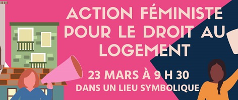 Affichette verticale sur fond rose : dessin sans détail d'une femme tenant un porte-voix rose devant un immeuble d'habitation. Dessin aussi d'une femme aux cheveux long brun tenant une pancarte.