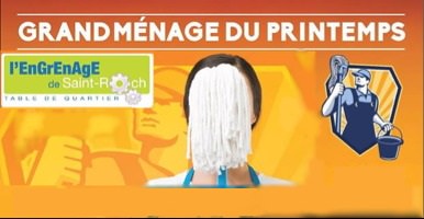 Affichette sur fond rouge-orange et jaune-orange : dessin d'un ouvrier tenant une vadrouille fièrement et un sceau d'eau. Des rayons jaune et orange derrière lui. Une femme tient la tête d'une vadrouille devant son visage. Logo Engrenage de Saint-Roch. Info : 418-525-6187 poste 223.