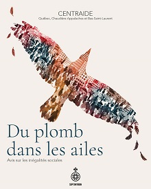 Page couverture du livre sur fond blanc, avec un dessin d'un oiseau au vol, mais composé de nombreux petites peintures de personnes de dos. Teintes rouge, bleu, caramel.