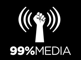 Logo 99% Média : poign blanc duquel jaillit des ondes sonores (lignes courbes blanches).
