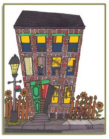 Logo : dessin d'un immeuble en briques rouges, fenêtres à jaune, porte verte, lampadaire, petite clôture en bois avec des fleurs, trottoir.