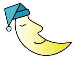 Dessin : croissant de lune qui est un visage dormant et souriant, portant un bonnet de nuit.